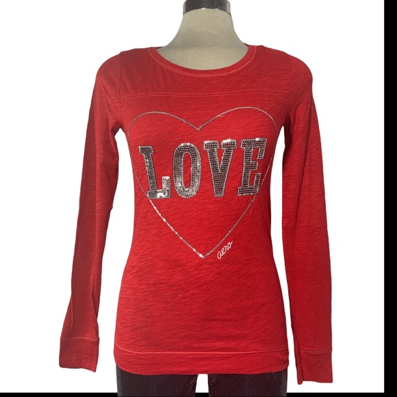 Aeropostale Red Long Sleeves Hart Print Top Siz XS - Picture 8 of 10